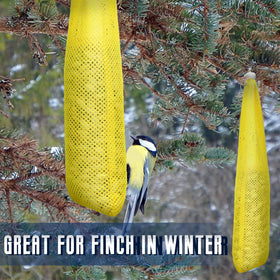 Shappy finch sock feeder yellow hanging outdoors in sunny yard