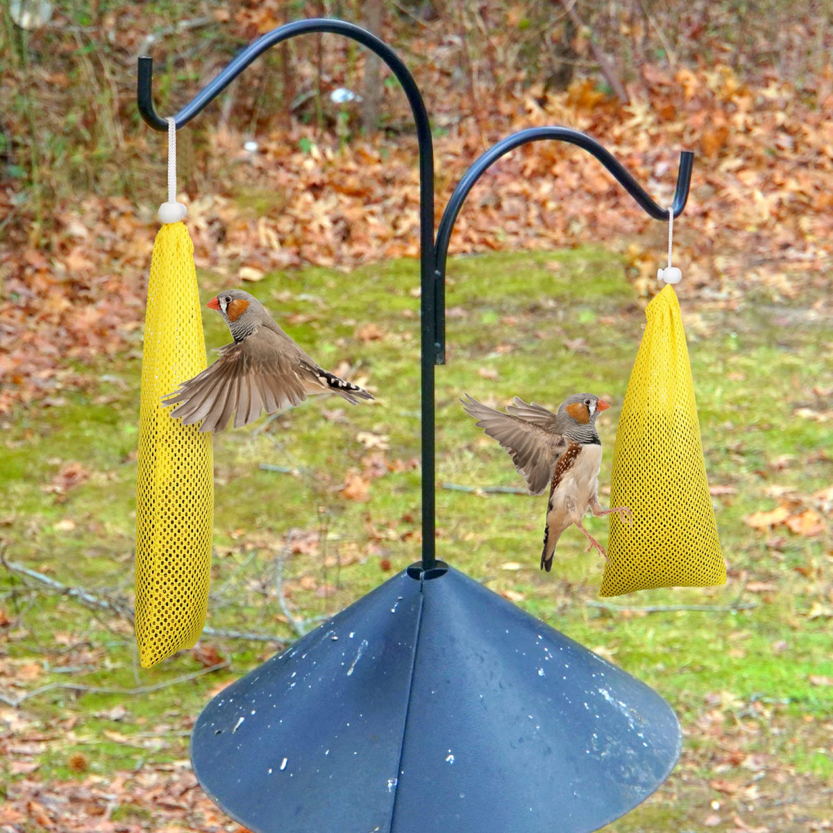 Shappy finch sock feeder yellow soft mesh design close-up