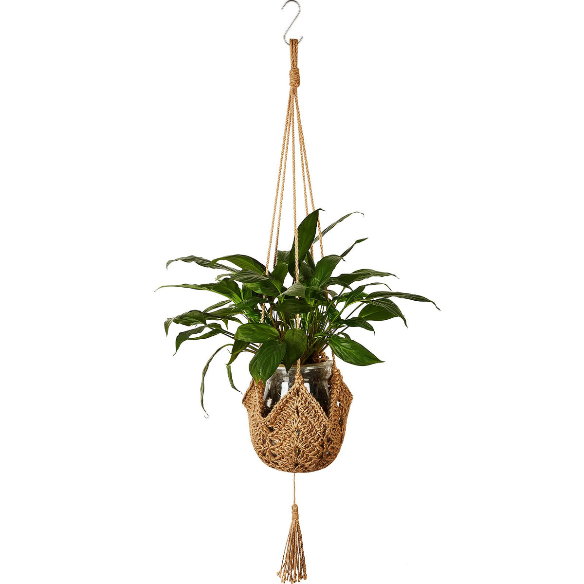 Shappy jute crochet plant hanger for 3-12 inch pots elevates greenery.