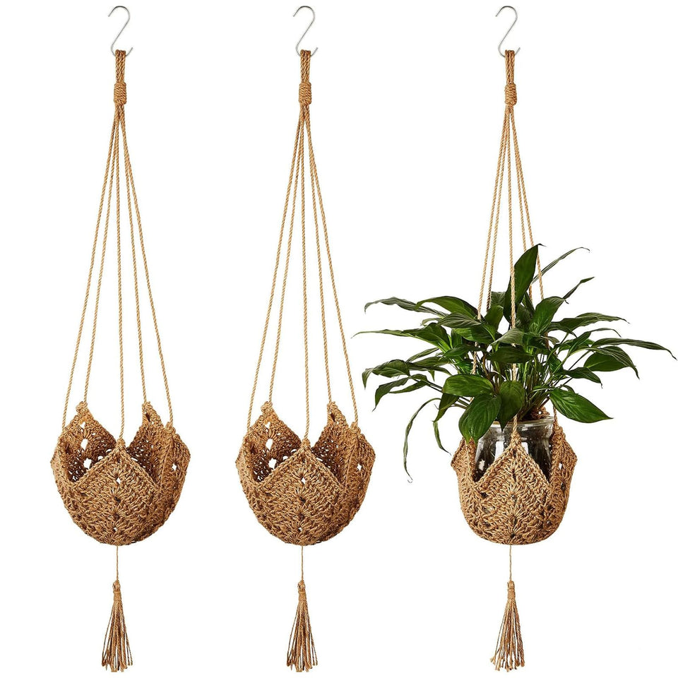 Shappy 3-pack jute crochet plant hangers in brown add rustic style and versatile pot support.