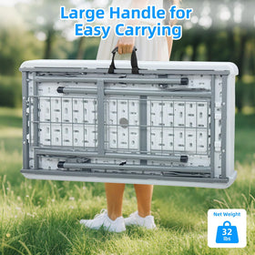 Folded ShareWIN ice table fitting inside a car trunk for transport.
