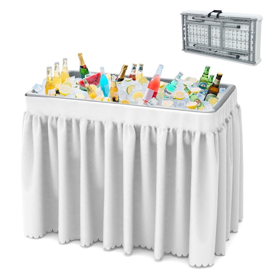 ShareWIN folding ice table with skirt showcases beverages for outdoor events.