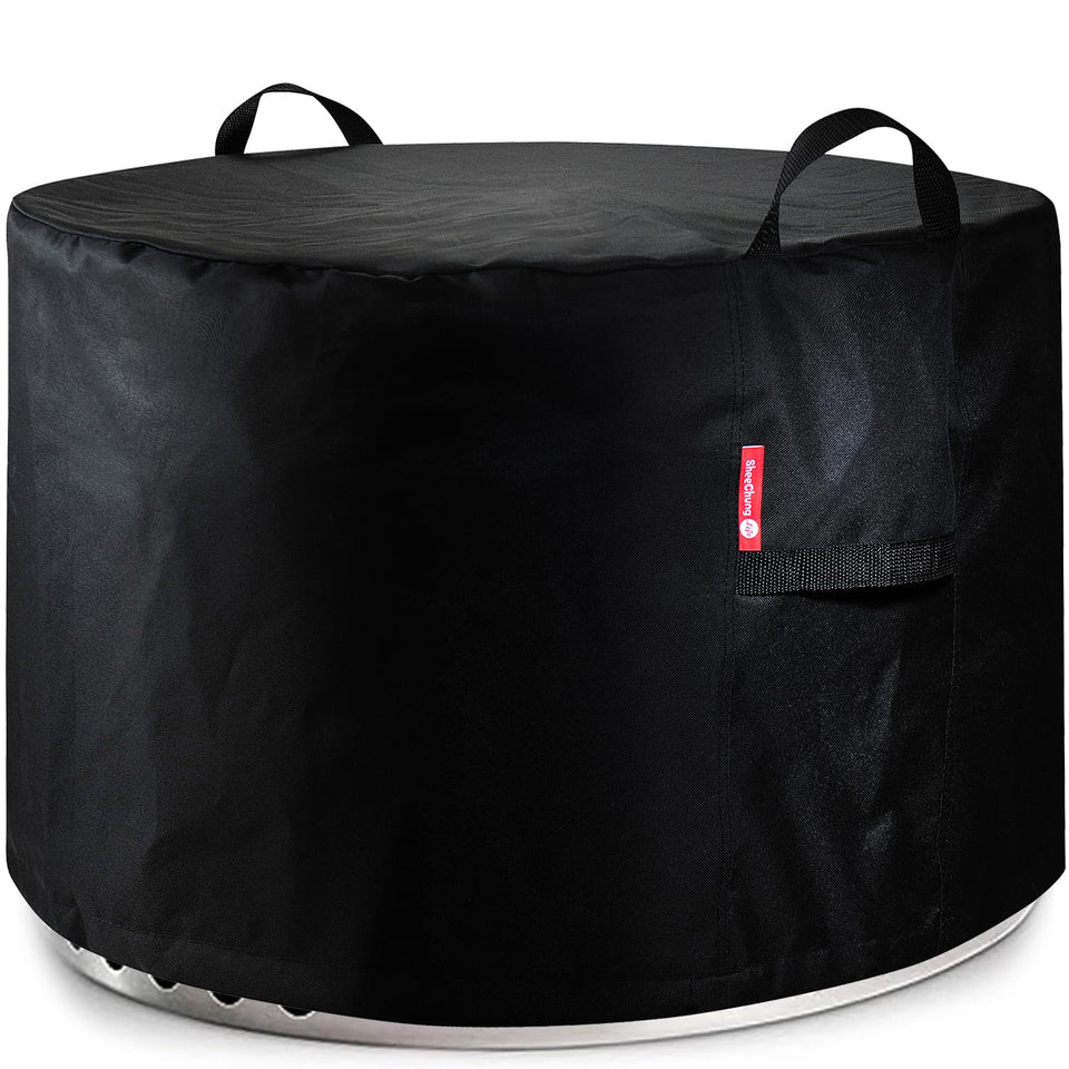 SheeChung Fire Pit Cover Yukon 27 with snug fit on patio for rain protection