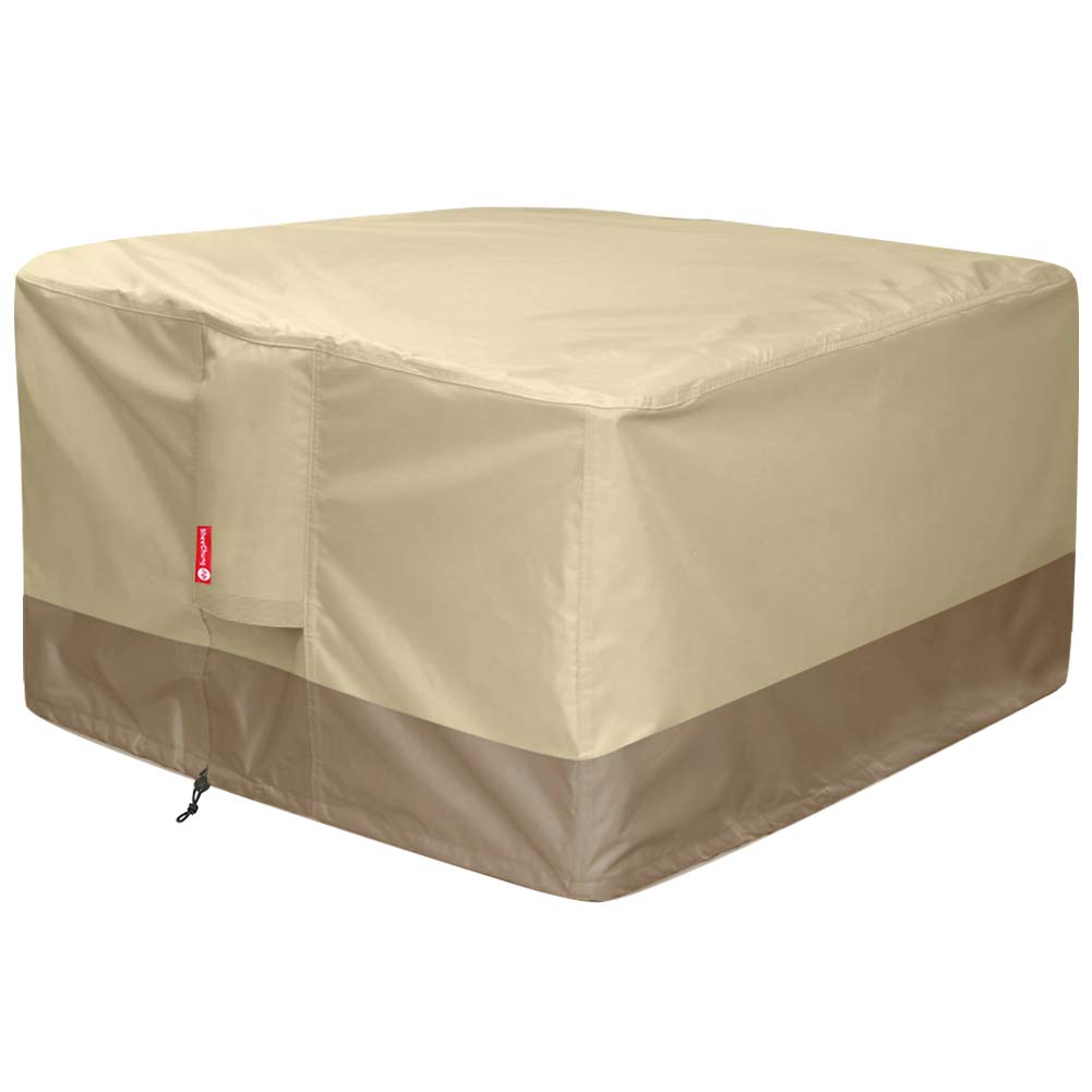 SheeChung gas fire pit cover on square 36 inch pit, front view.