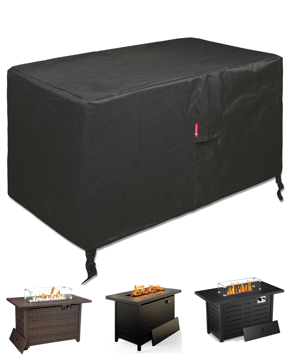 SheeChung rectangular fire pit cover close-up shows rugged 600D fabric protection.