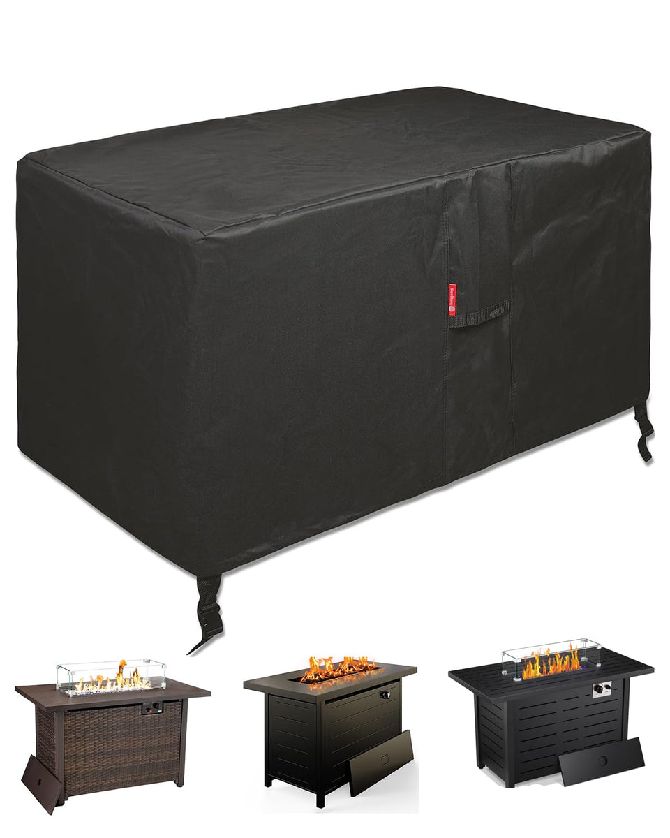 SheeChung rectangular fire pit cover close-up shows rugged 600D fabric protection.