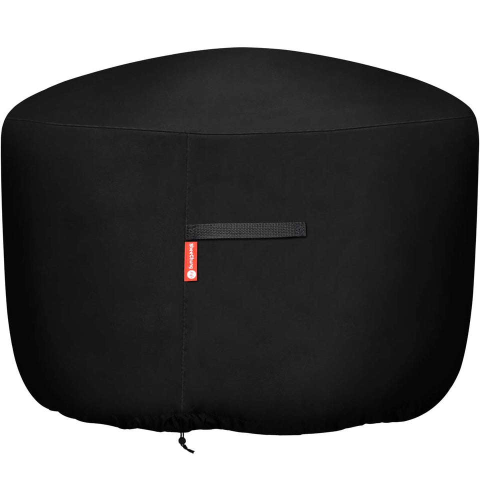 SheeChung round fire pit cover showing full coverage for a 36-inch pit