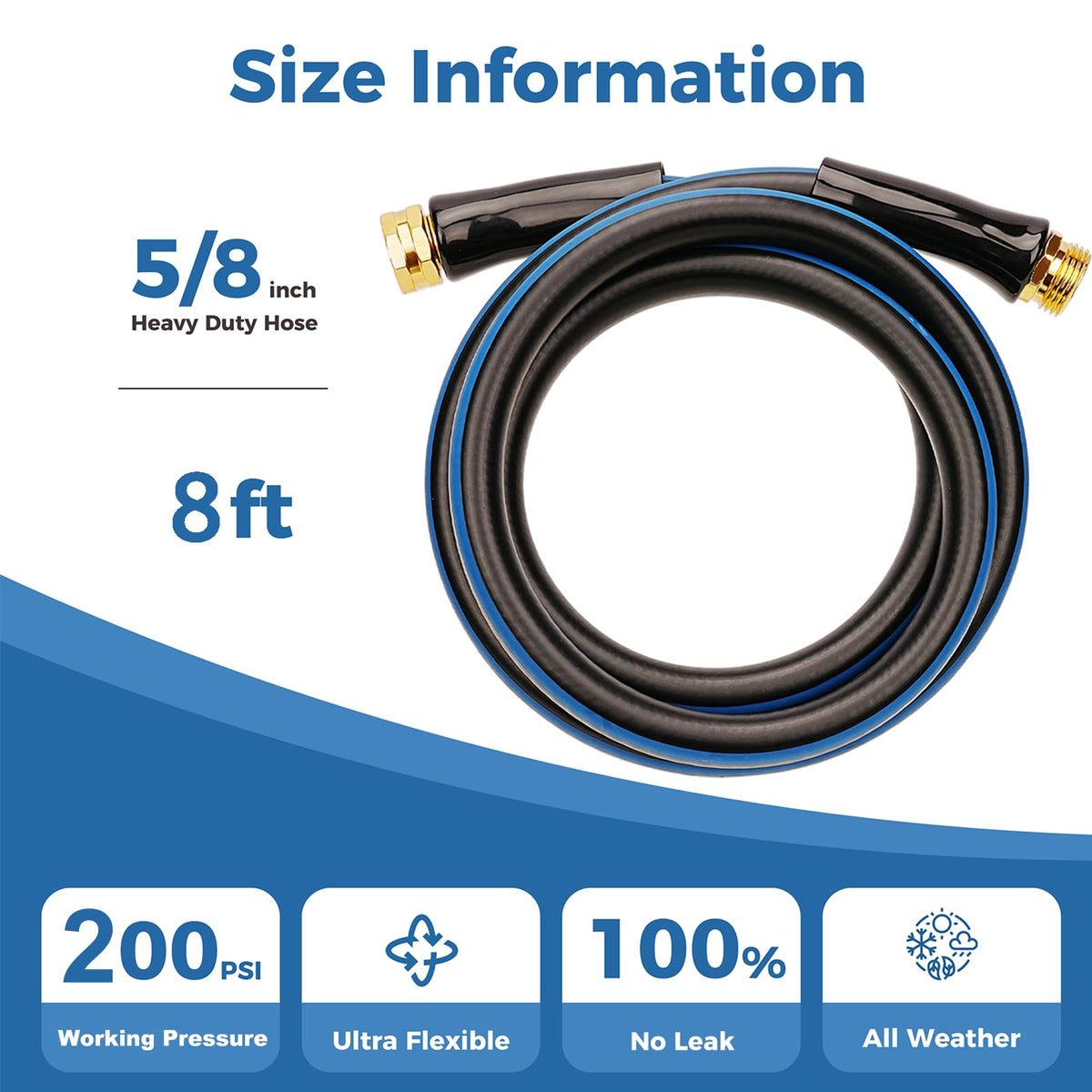 SheeChung Short Garden Hose 8ft showing 3/4 inch copper-plated connector for leak free attachment.