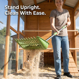 SHENDER adjustable 68in handle shown, enabling standing cleaning for tall coops