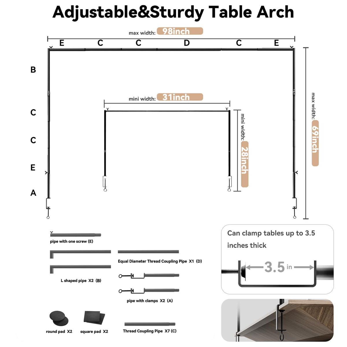 SHIJING table-arch stand adjustable length from 30 to 98 inches for various tables.