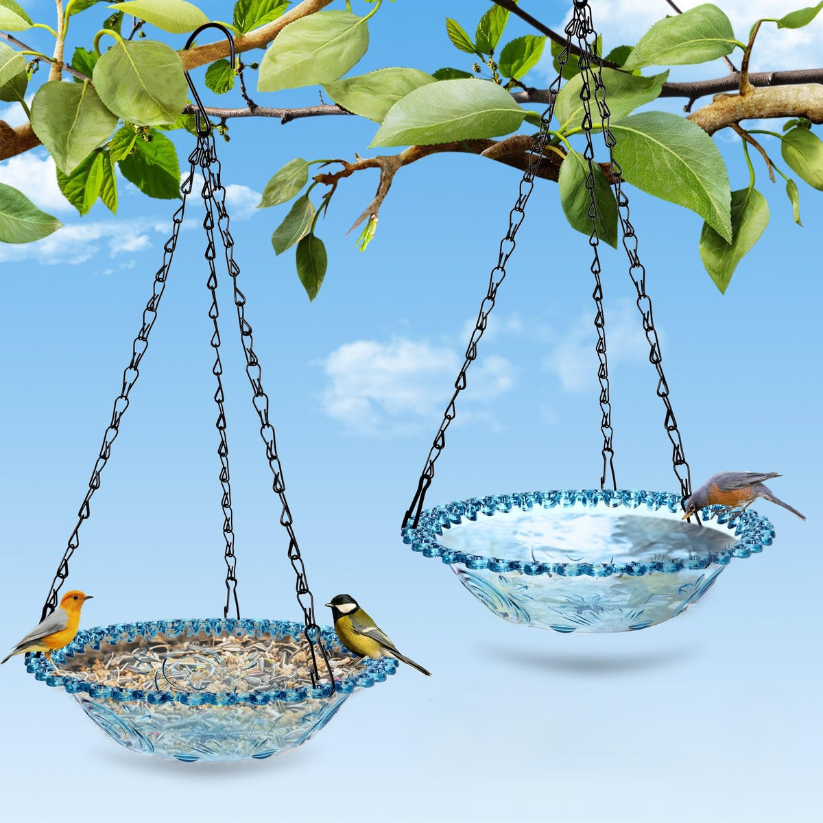 ShiMeiDing hanging bird bath with blue edge pattern invites birds to bathe and perch