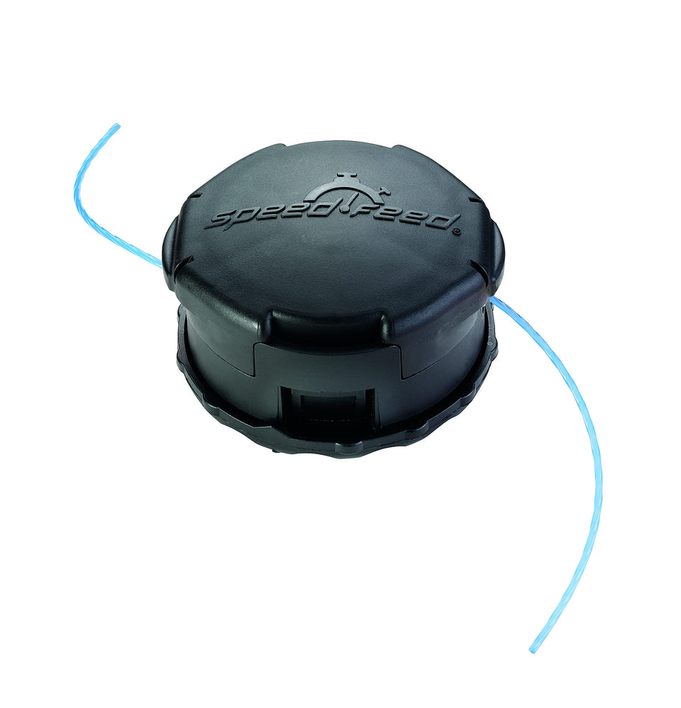 Shindaiwa Speed-Feed 400 head with adapters visible, enabling universal fit for straight and curved shafts.