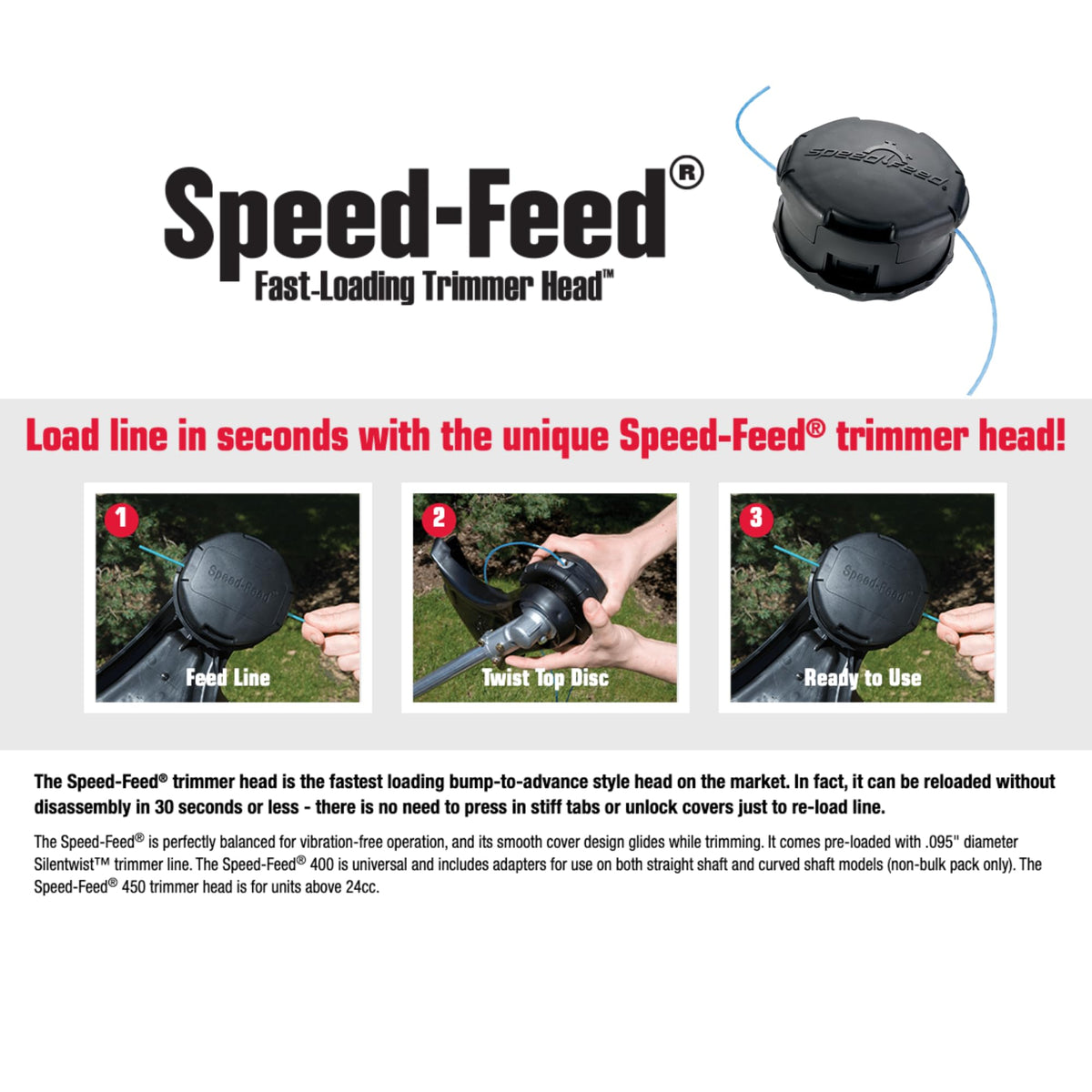 Shindaiwa trimmer head reloads in 30 seconds without disassembly for efficient maintenance.