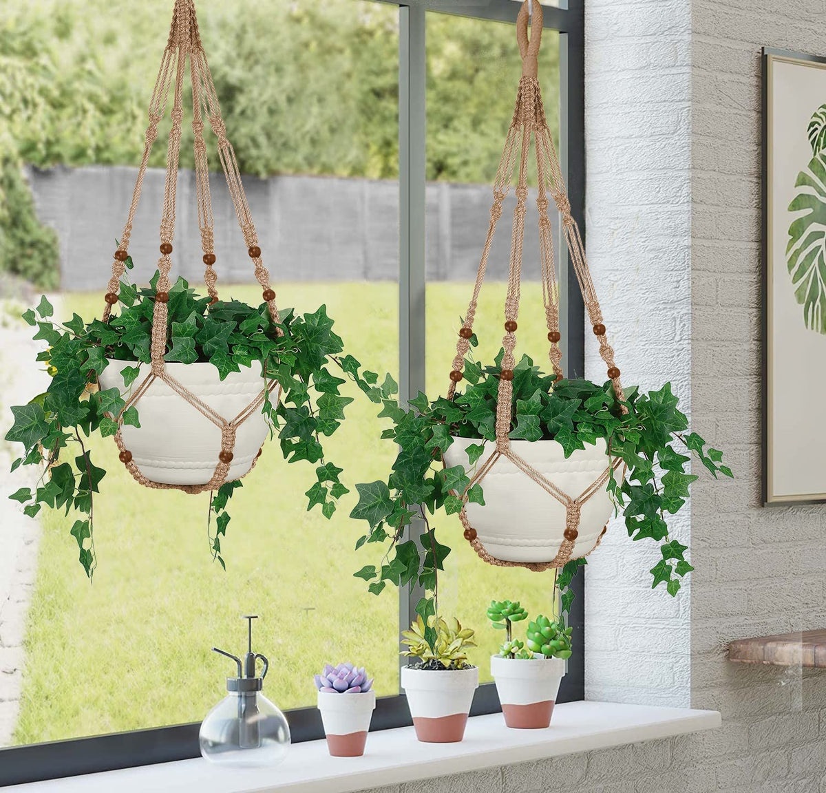 Macrame hanger features no tassel, highlighting intricate knots and handmade charm.