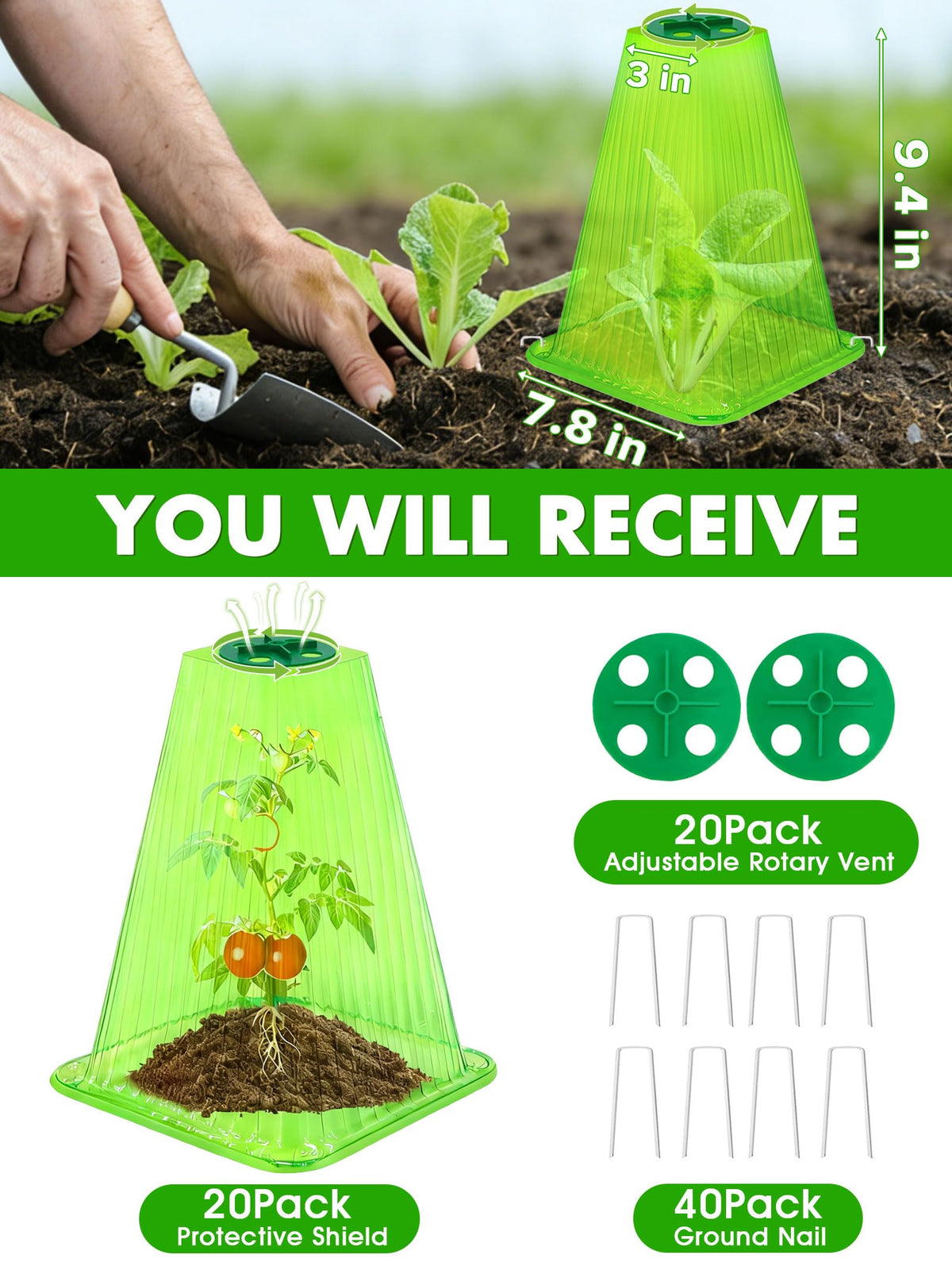 ShineSirius ground stakes secure cloches for stable placement in varied terrain.