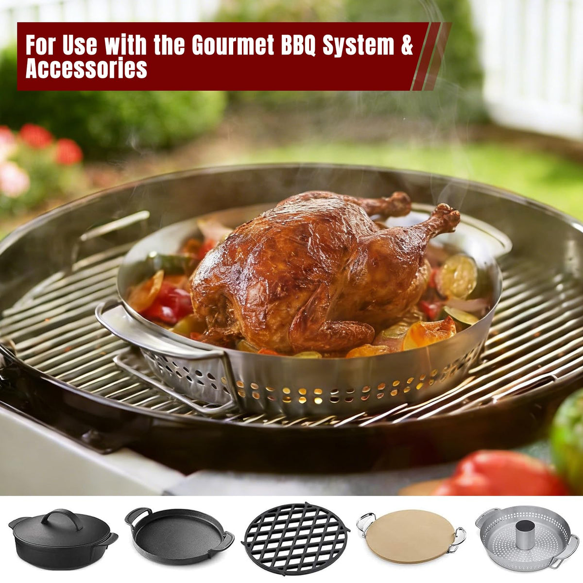 Hinged design allows adding charcoal without moving food