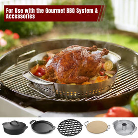 Hinged design allows adding charcoal without moving food