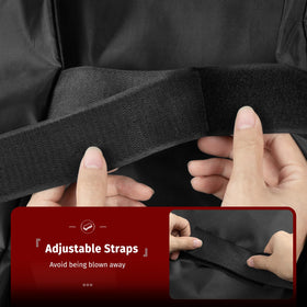 Windproof straps with click-close keep the cover in place.