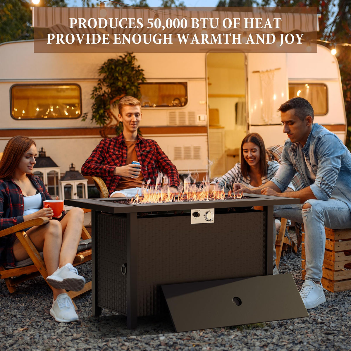 Shintenchi 45-inch fire pit table in a backyard patio setup.