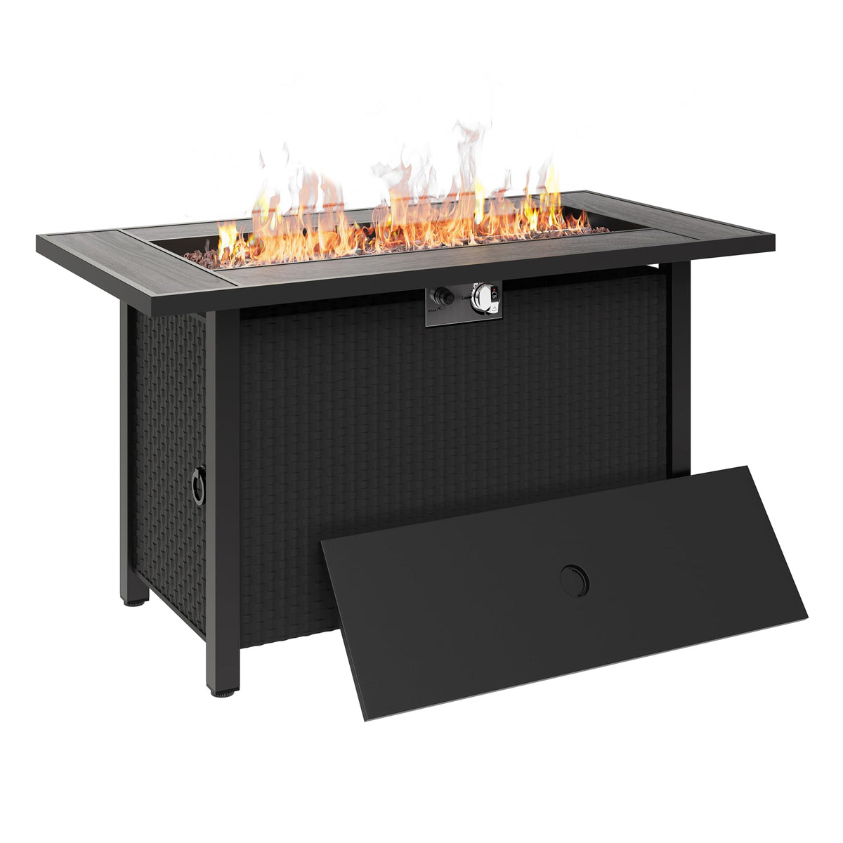 Shintenchi 45-inch fire pit table with lid closed, ideal for dining and al fresco gatherings.