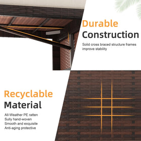 Shintenchi glass coffee table complements outdoor seating with a modern touch.