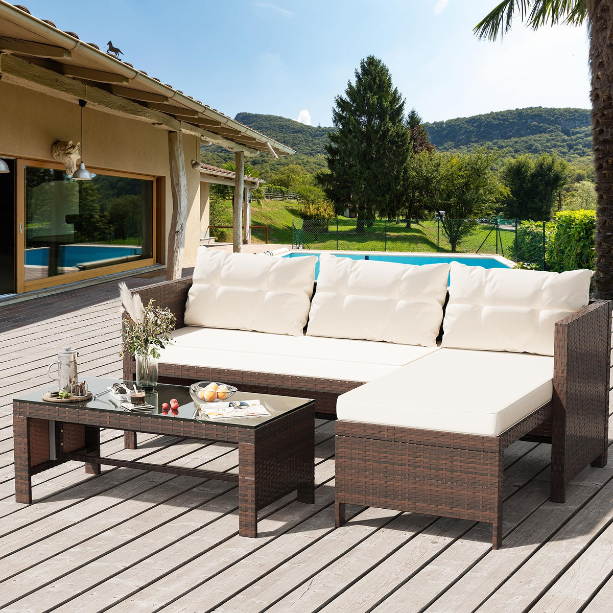 Shintenchi outdoor loveseat with cushions, showcasing sturdy frame for comfortable patio lounging.