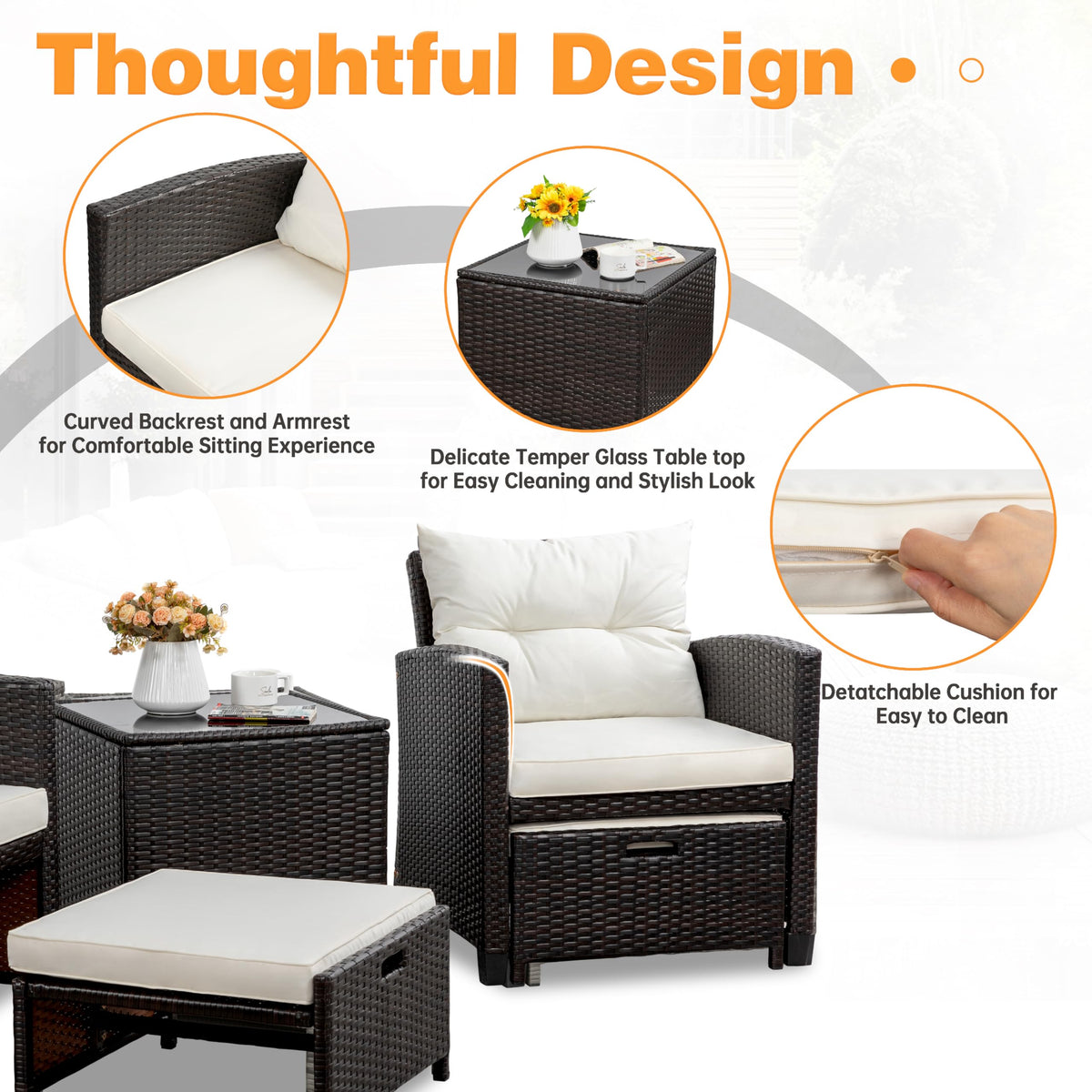 Shintenchi outdoor wicker sofa and ottoman closeup showcases durable comfort.