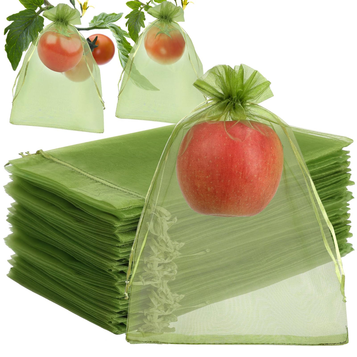 Shintop 7x10 inch mesh fruit bags guarding apples from pests.