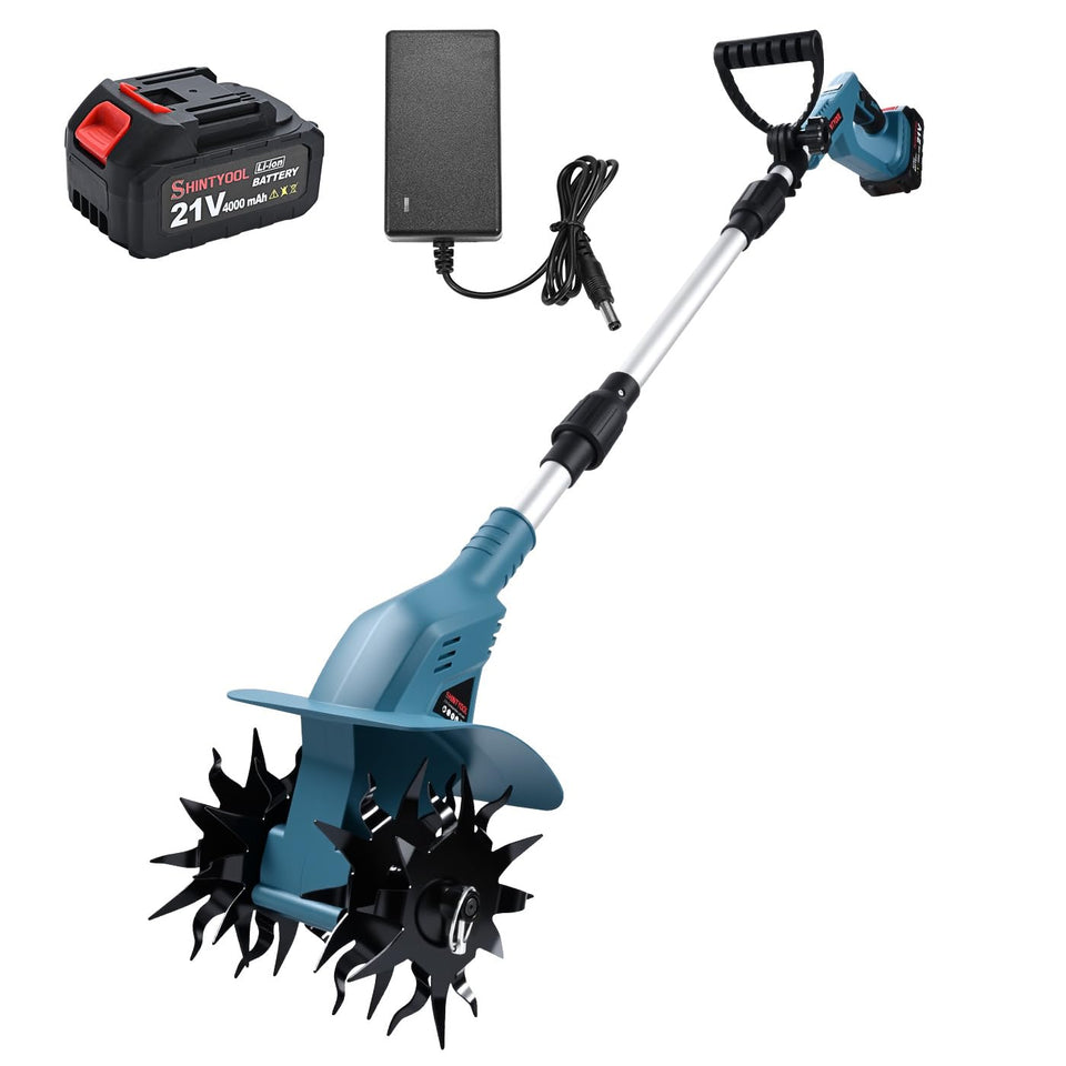 SHINTYOOL 21V cordless tiller with 8inch wide tilting head for faster beds