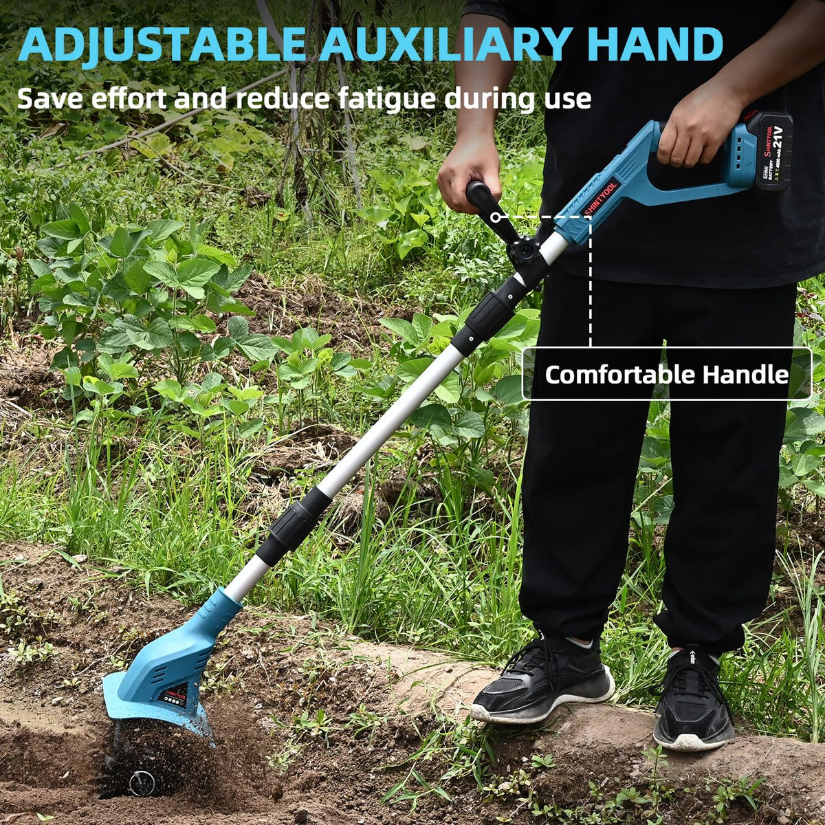 SHINTYOOL cordless tiller operating in a garden bed