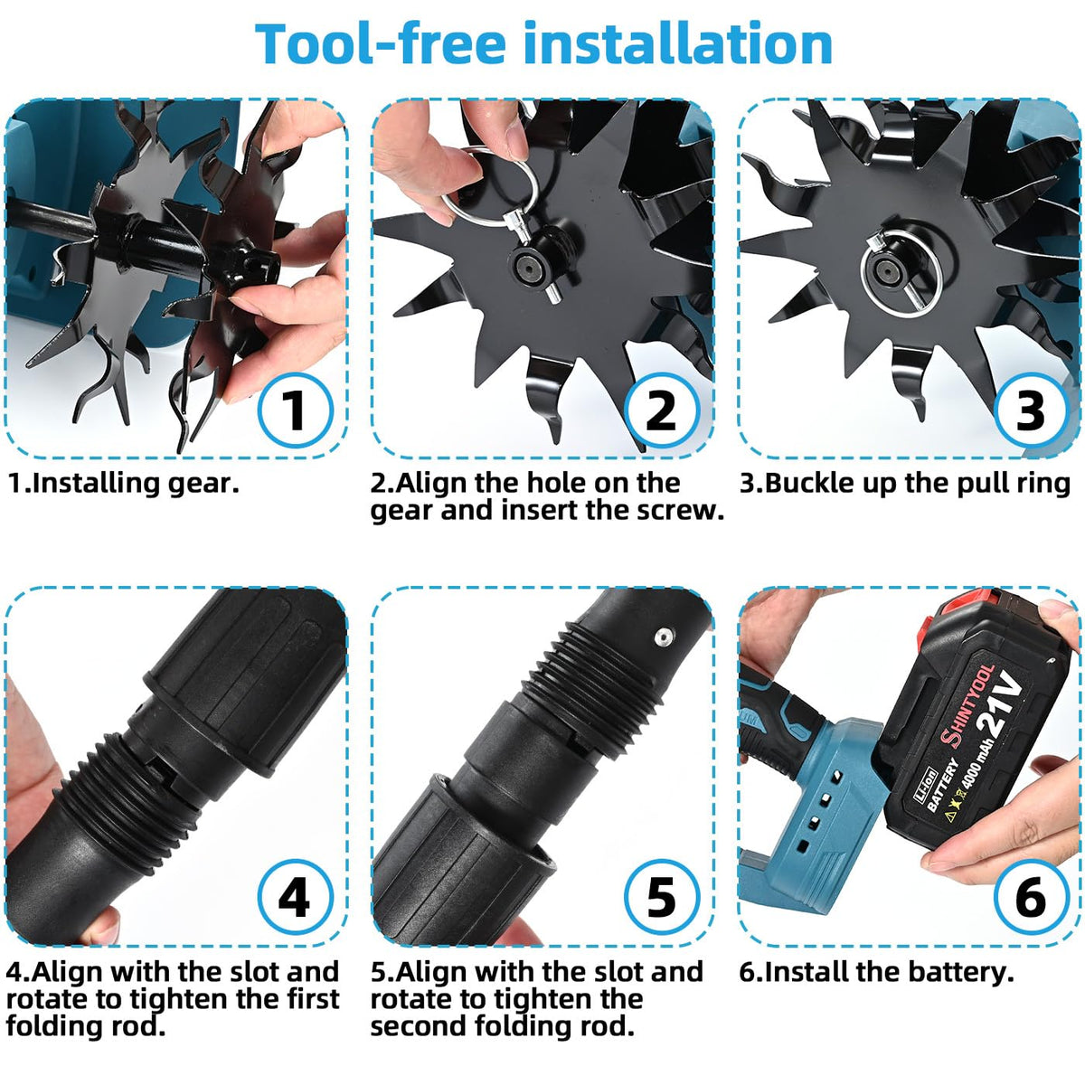 SHINTYOOL tiller kit includes battery charger and four tine options