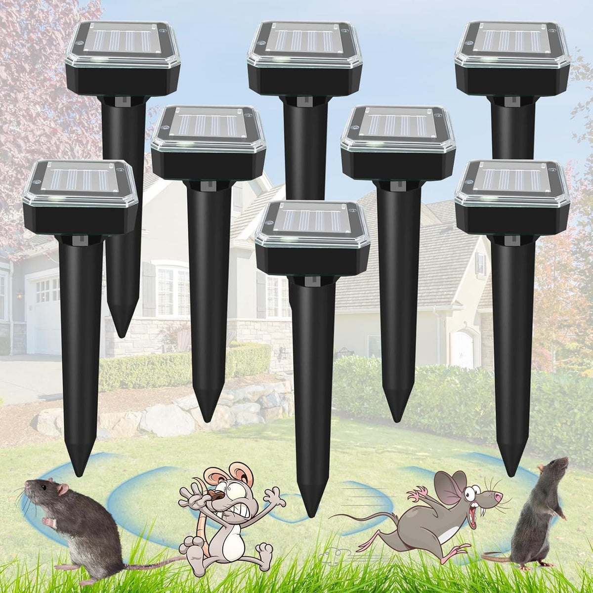 ShinyArt 8 pack solar mole repellent stakes protecting garden spaces