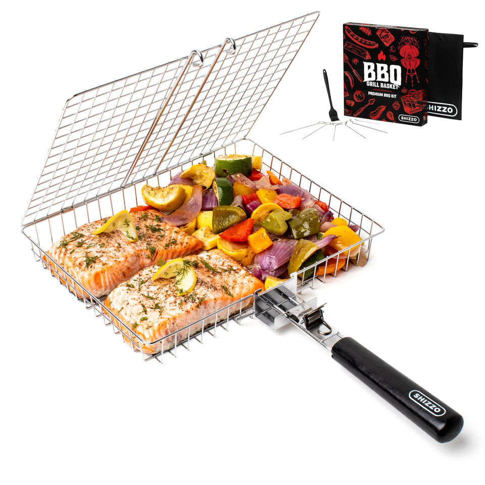 SHIZZO grill basket in action on the grill delivering even sear on veggies and seafood.