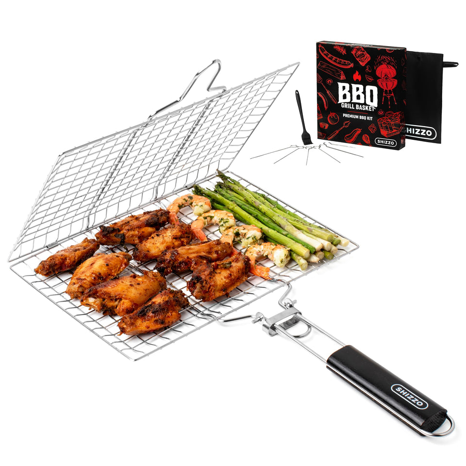 SHIZZO grill basket set for fish and vegetables enables even outdoor cooking.