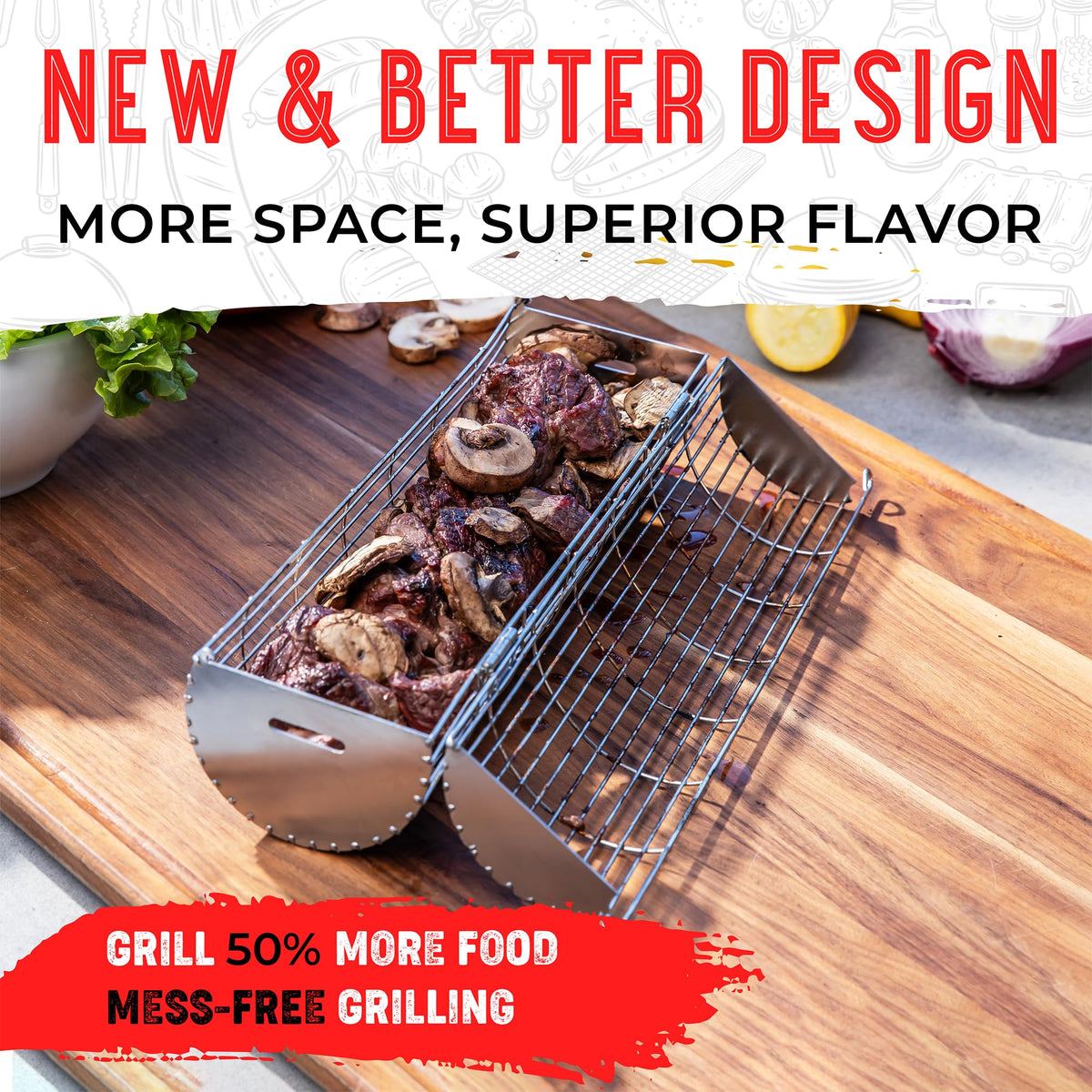 SHIZZO rolling grill basket with fork device for even cooking