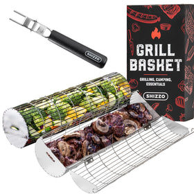SHIZZO rolling grill basket with side-opening design for easy loading and unloading