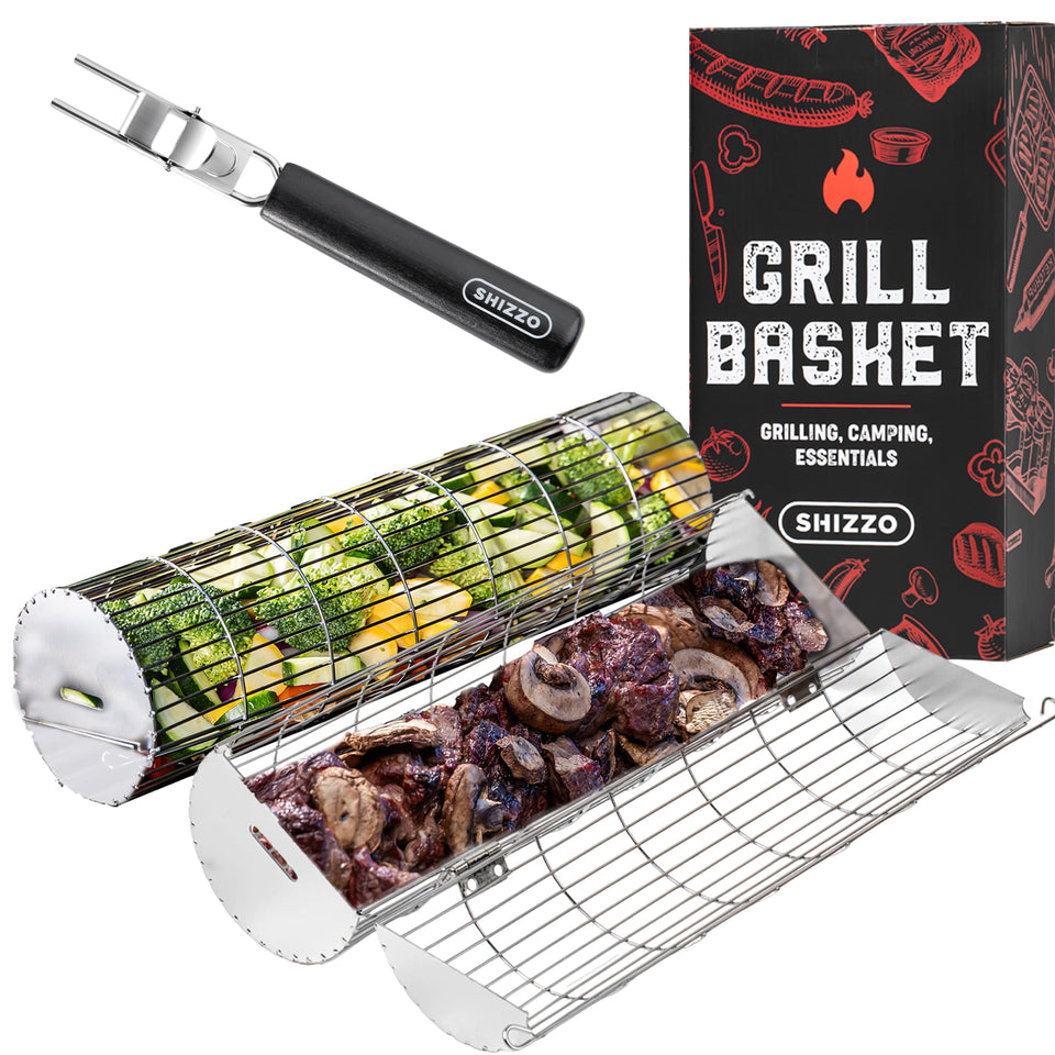 SHIZZO rolling grill basket with side-opening design for easy loading and unloading