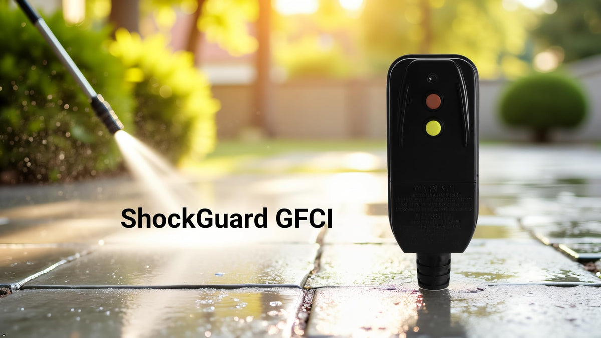 ShockGuard GFCI replacement plug assembly installed on pool pump demonstrates plug-and-play safety.