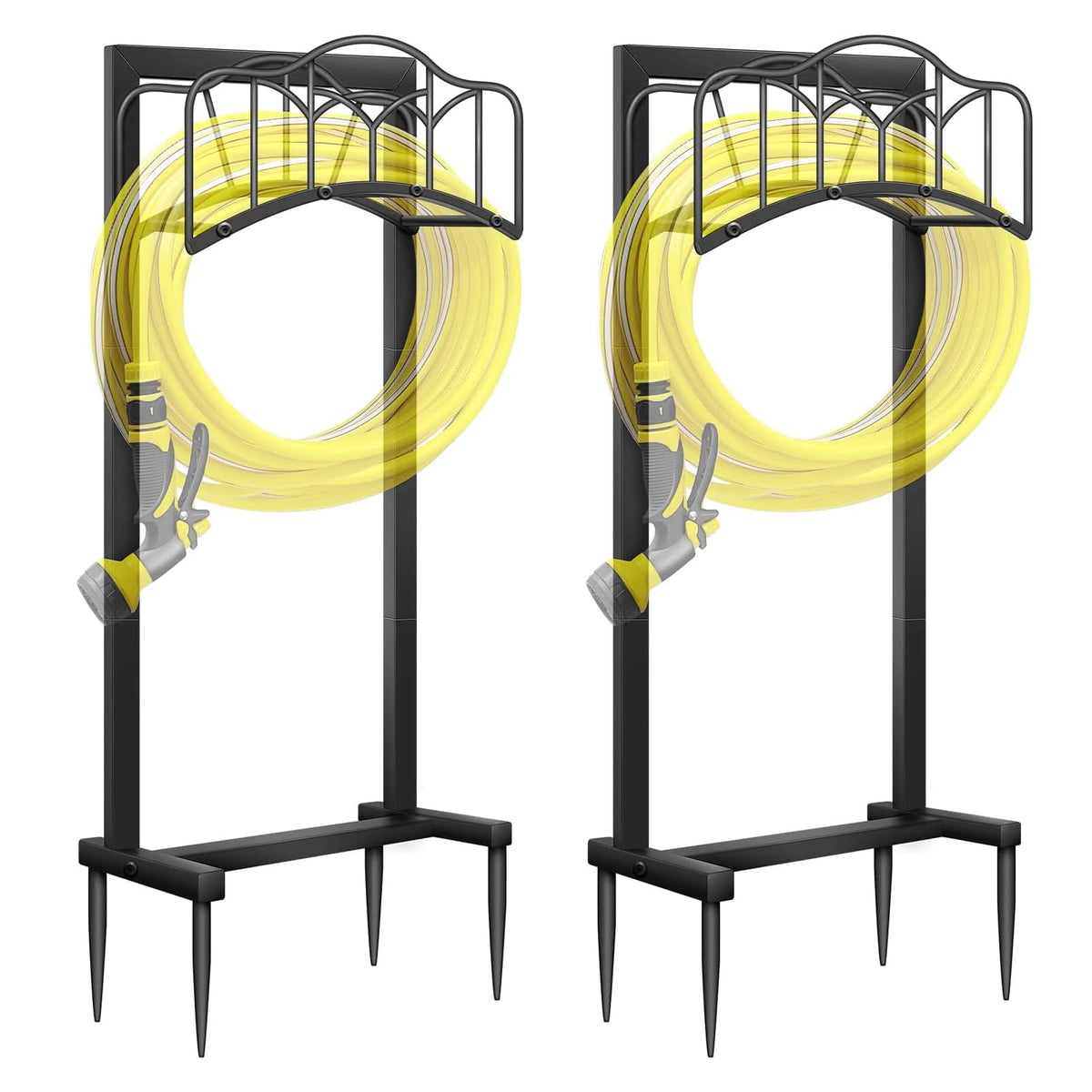 Shomextol 2-pack hose holder with 100ft capacity keeps outdoor hoses neatly organized.