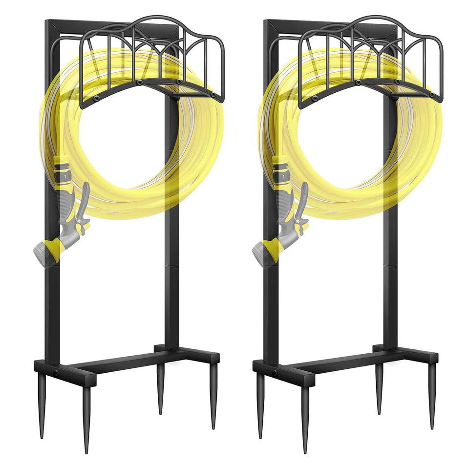 Shomextol 2-pack hose holder with 100ft capacity keeps outdoor hoses neatly organized.
