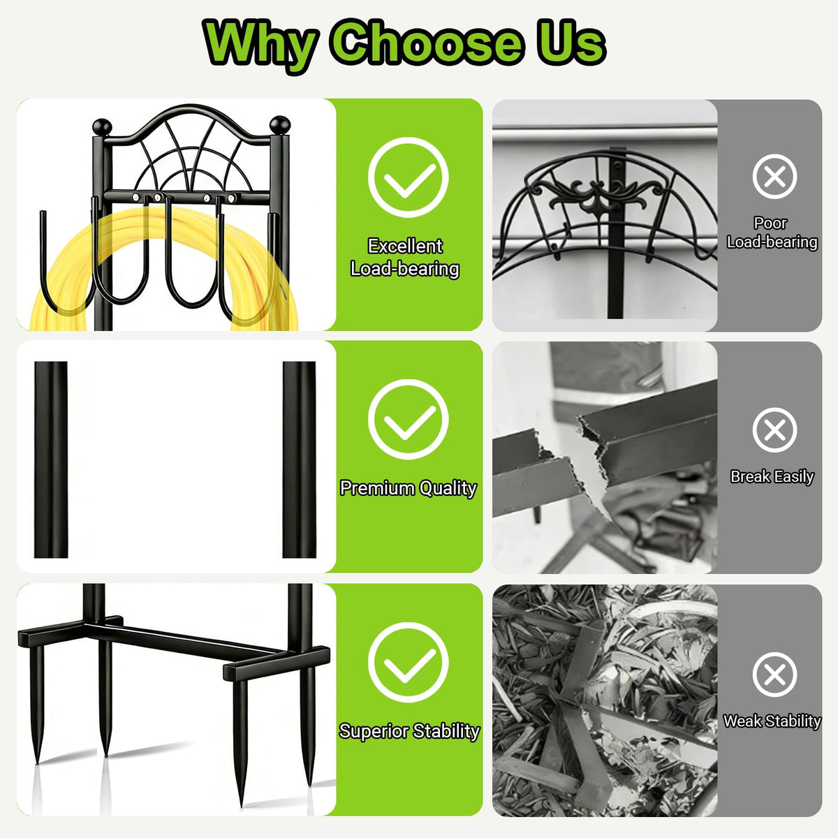 Shomextol space-saving vertical design keeps yards tidy and hoses organized.