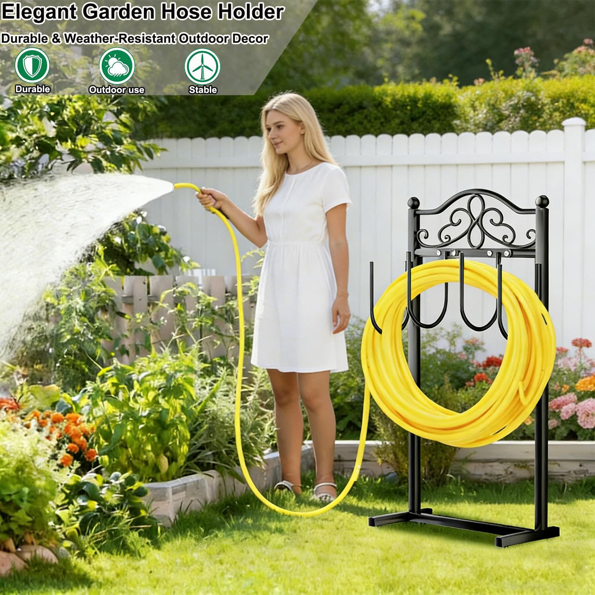 Shomextol freestanding hose holder stores hoses vertically to save space.
