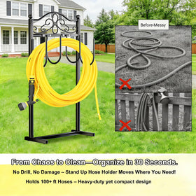 Shomextol outdoor hose holder features weather-resistant powder coat for longevity.