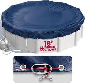 Shop Square 18ft round pool cover overview shows its durable mesh for year-round protection.