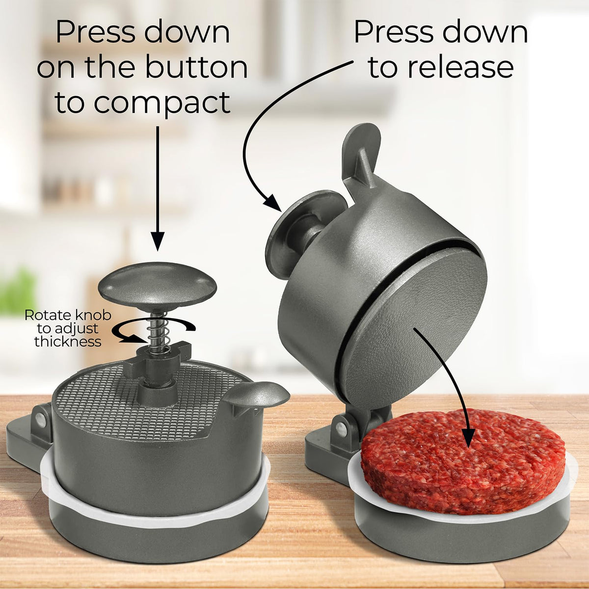 Shop Square Burger Press ejector closeup showing mess-free patty release.