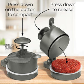Shop Square Burger Press ejector closeup showing mess-free patty release.