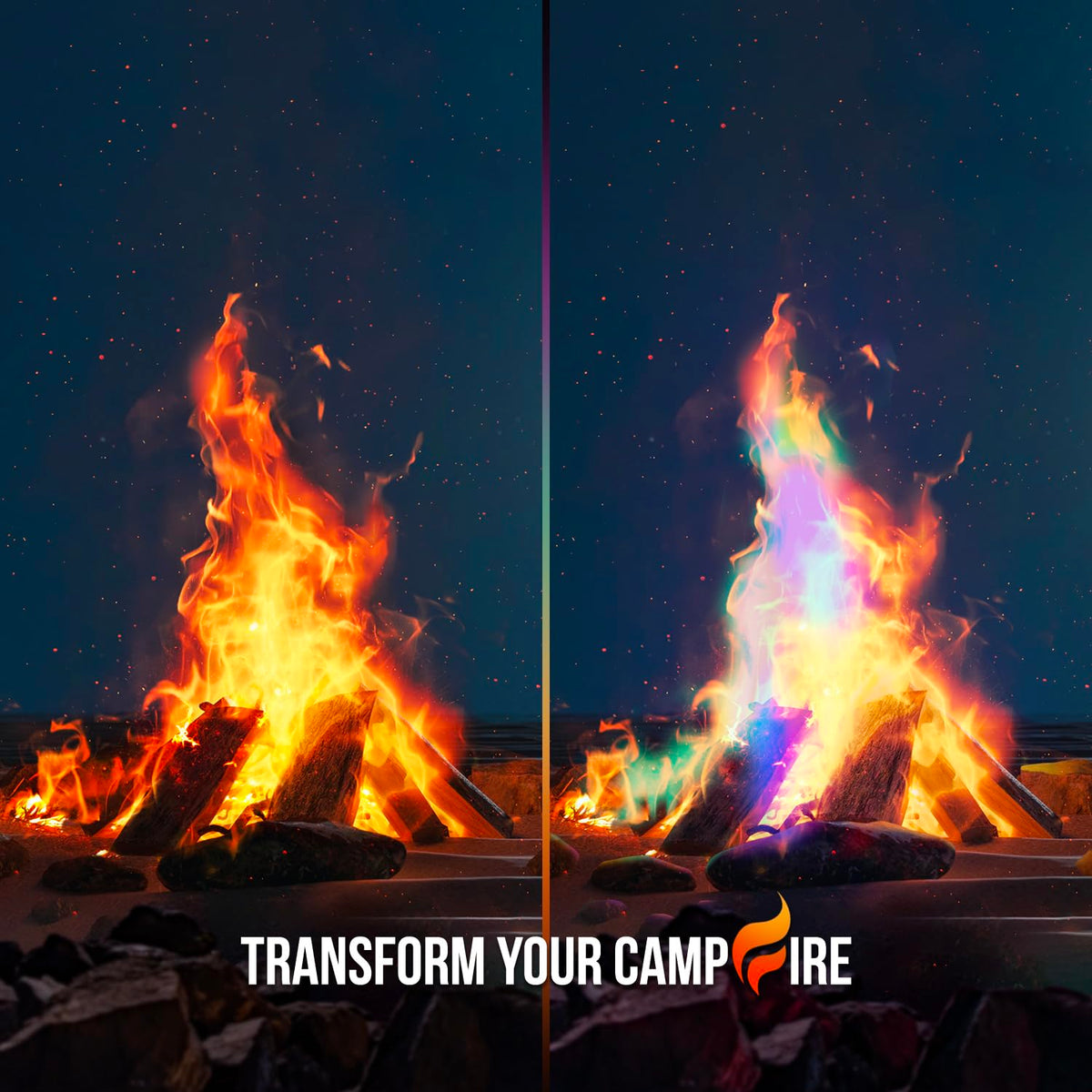 Shop Square Fire Dazzle packets in a fire pit scene with colorful flames