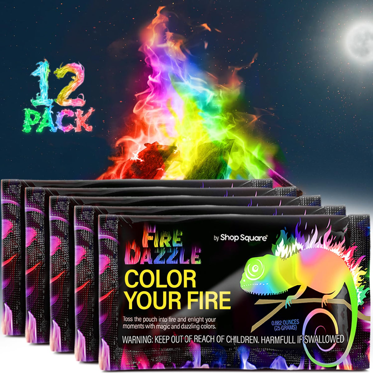 Shop Square Fire Dazzle packets in packaging display showing easy setup and vibrant color