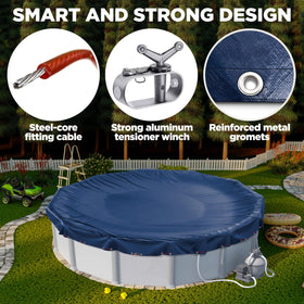 Shop Square pool cover installed on round pool demonstrates full coverage.