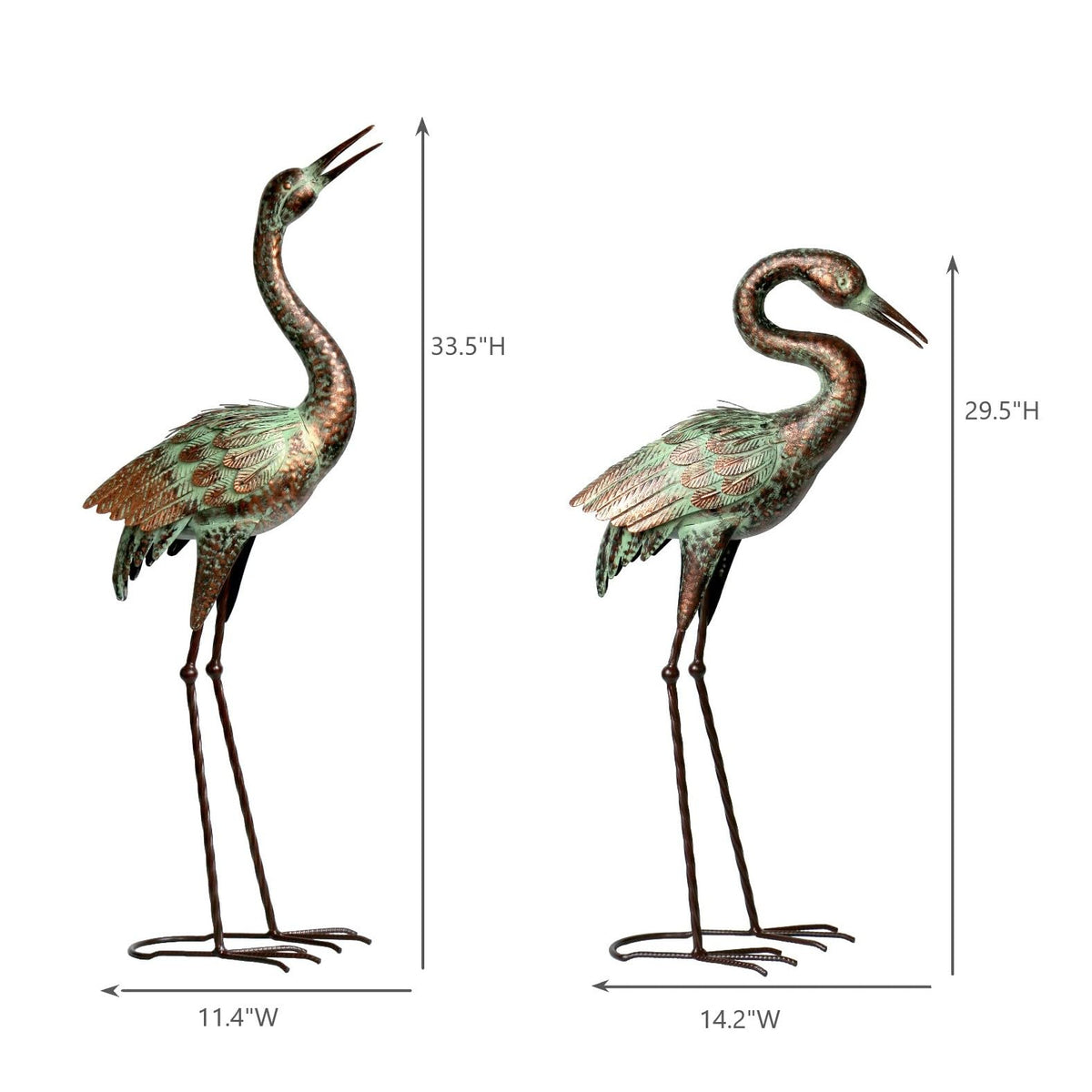 Shorayn metal crane statue for yard adds focal interest near ponds.